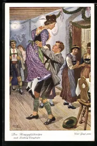 Künstler-AK sign. Carl Zopf: Der Herrgottschnitzer, Beim Lostanz hatte durch eine List..., Märchen nach Ludwig Ganghofer