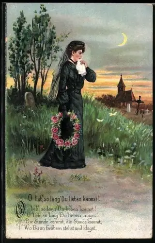 AK Junge Frau in Trauerkleidung war gerade am Grabe ihre Eltern