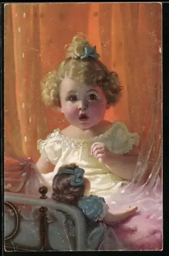 AK Erschrockenes Mädchen mit Puppe