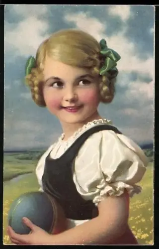 AK Mädchen mit geflochtenen Zöpfen und Gummiball