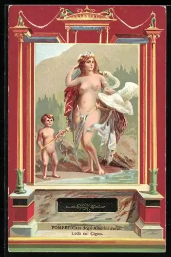 AK Pompei, bei Ausgrabungen freigelegte Fresken, Casa degli Amorini dorati, Leda col Cigno