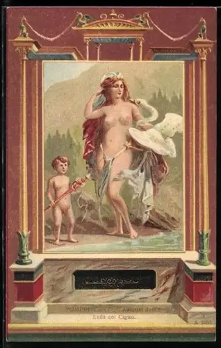 AK Pompei, bei Ausgrabungen freigelegte Fresken, Casa degli Amorini dorati, Leda col Cigno