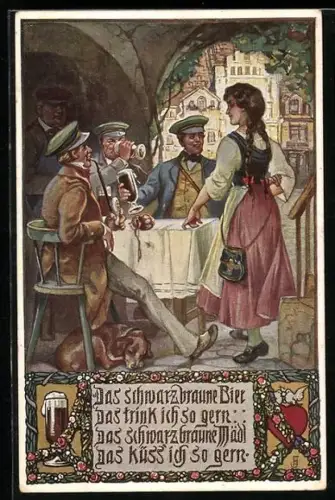 AK biertrinkende Männer werden bedient, Gedicht