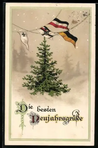 AK Neujahrsgruss, Nationalfahne, Reichskriegsflagge Deutschland und Österreich mit Tannenbaum