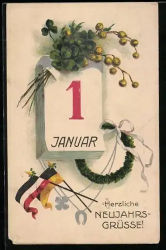 AK Herzliche Neujahrs-Grüsse! Kalenderblatt mit deutsche und österreichische Flaggen