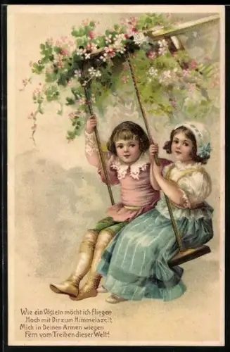 Präge-AK Kinderpaar auf einer Schaukel