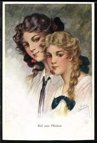 Künstler-AK Ruab Gnischaf: Junge Frauen mit Kirschen im Mund