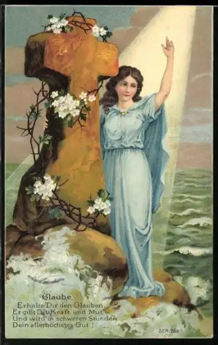 Lithographie Allegorie Glaube, Maria am Steinkreuz vor dem Meer