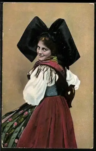 AK Junge Frau in elsass-lothringischer Tracht blickt über ihre Schulter