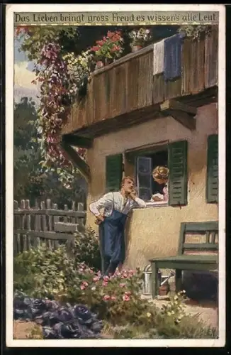 Künstler-AK P. Hey, Volksliederkarte Nr.75: Das Lieben bringt gross` Freud, Mann steht vor dem Fenster einer Frau