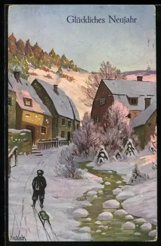 Künstler-AK Alfred Mailick: Mann mit Schlitten in winterlicher Landschaft, Neujahrsgruss