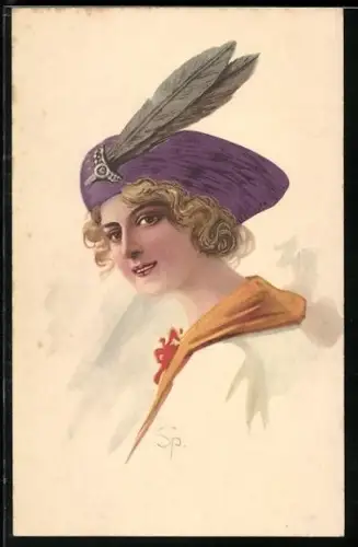 Künstler-AK blonde Dame mit Federn am Hut