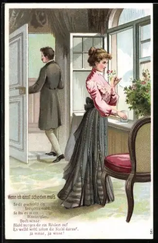 AK Frau reicht an einer Blume, Liebespaar