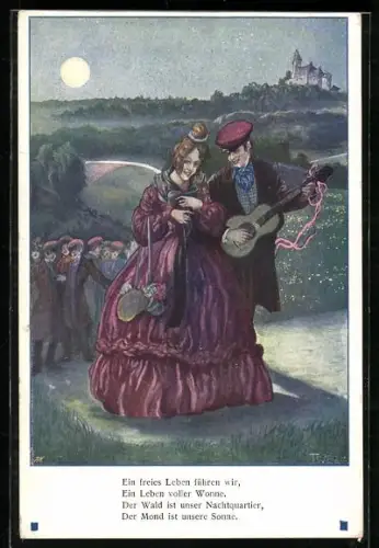 Künstler-AK T.Welzl: Burschenschafter spielt für seine Geliebte auf der Gitarre
