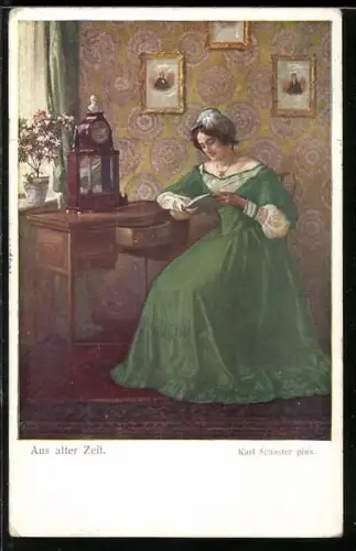 Künstler-AK Karl Maria Schuster: Aus alter Zeit, Lesende Dame
