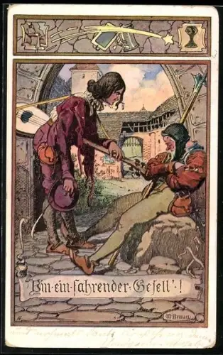 Künstler-AK W.Braun: Fahrender Musiker bittet um Einlass in die Stadt bei Stadtwache