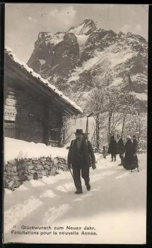 AK Wanderer im Winter unterwegs in den Bergen, Neujahrsgrüsse