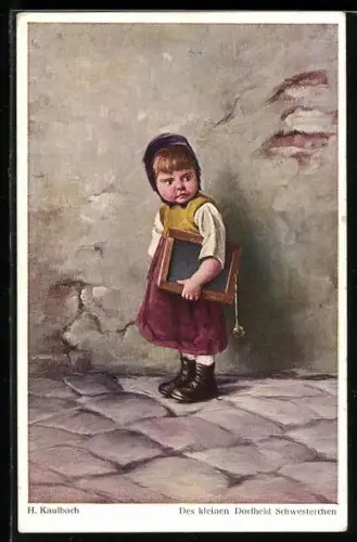 Künstler-AK Hermann Kaulbach: Des kleinen Dorfheld Schwesterchen, Mädchen mit Schultafel unter dem Arm