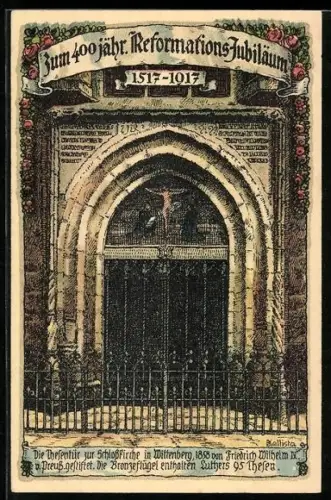 Künstler-AK Kallista: Wittenberg, Thesentür zur Schlosskirche, Bronzeflügel mit Luthers 95 Thesen