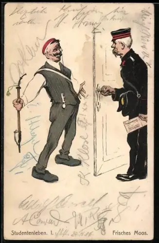 AK studentische Szene, Postbote überbringt Studenten eine Postanweisung
