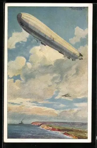 Künstler-AK Hans Rudolf Schulze: Zeppelin Reichsmarineluftschiff über der deutschen Ostseeküste, Flugzeug