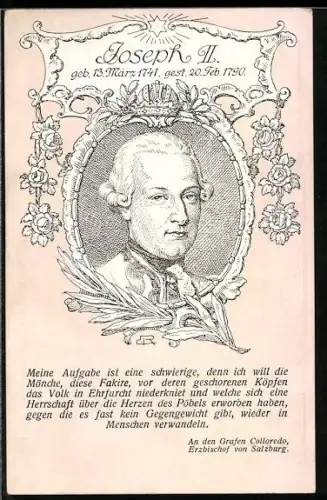 AK Joseph II. von Österreich in Rahmen mit geschmückten Blumen und Krone