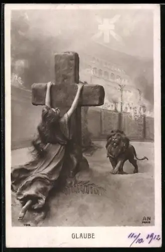 Künstler-AK Domenico Mastroianni: Antike, Frau hält sich am Kreuz im Kolosseum fest, Löwe geht auf sie zu