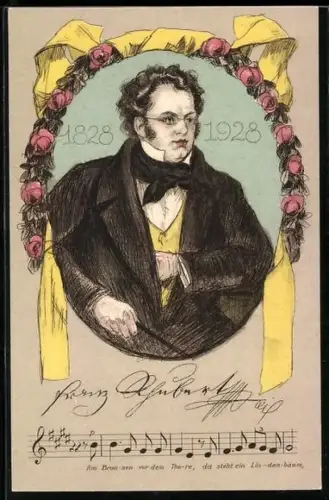 AK Franz Schubert, 1828 - 1928, Portrait in Zierrahmen
