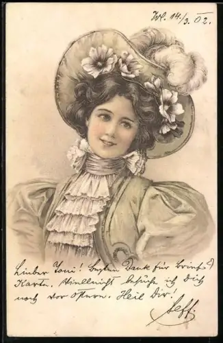 AK Bürgerliche Frau in edlem Kleid und extravagantem Hut, Jugendstil