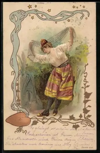 AK Tänzerin mit Tuch im Grünen unter Sternen, Jugendstil