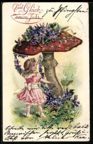 AK Kleines Mädchen mit Veilchengirlande unter einem Fliegenpilz, Neujahrsgruss