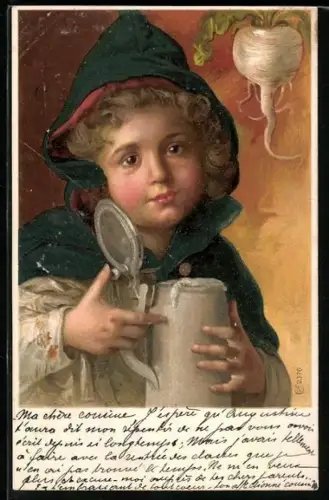 AK Münchner Kindl mit Bierkrug und Rettich