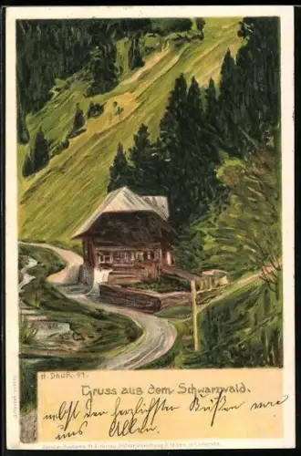 Künstler-Lithographie Hermann Daur: Schwarzwald, Landschaft mit Haus