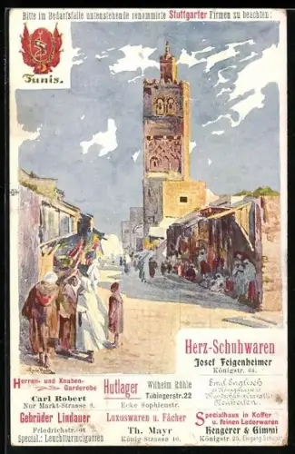 Künstler-AK Tunis, Strassenpartie mit Läden, Reklame für Stuttgarter Firmen Josef Feigenheimer, Th. Mayr, Carl Robert