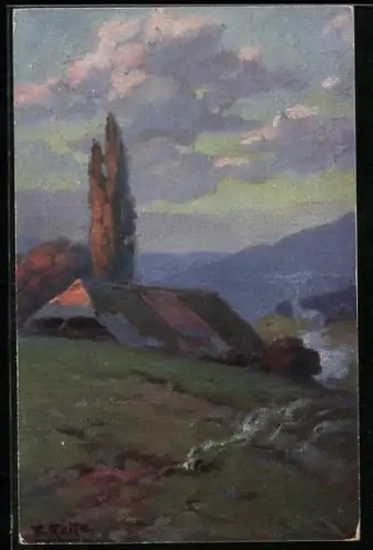 Künstler-AK Fritz Reiss: Haus im Abendrot, Sommer im Schwarzwald