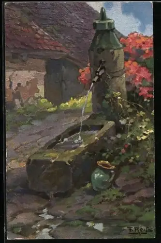 Künstler-AK Fritz Reiss: Brunnen in einem Schwarzwald-Dorf