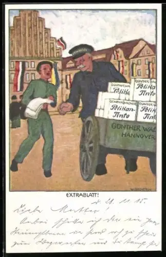 Künstler-AK W. Bechstein: Zeitungsjunge bietet auf der Strasse das Extrablatt an, Reklame für Pelikan Tinte