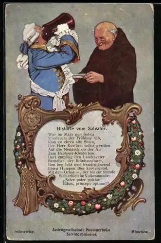 AK König trinkt genüsslich Paulanerbräu, Historie vom Salvator, Spruch