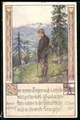 Künstler-AK Brüder Kohn (B.K.W.I) Nr. 760-6: Von meinen Bergen muss i scheide..., Wanderer und eine Frau