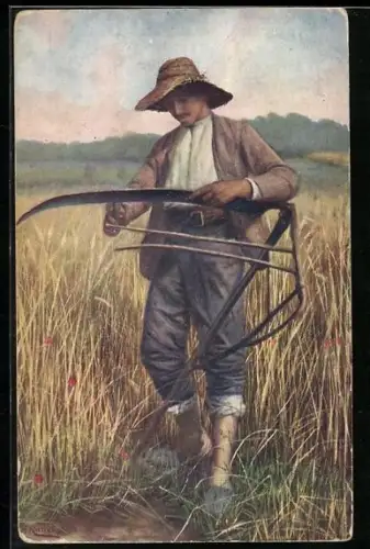 Künstler-AK Tschechischer Bauer schleift seine Sense