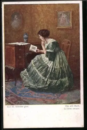 Künstler-AK Karl Maria Schuster: Das alte Buch, Junge Frau beim Lesen