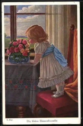 Künstler-AK sign. C. Bay: Die kleine Blumenfreundin, Mädchen schnuppert and Blumen