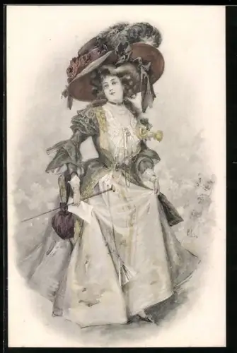 AK Bonne Annee, junge Frau im Kleid mit grossem Hut