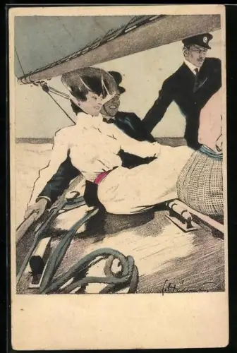 Künstler-AK Simplicissimus, Ernst Heilemann: Paar der besseren Gesellschaft auf einem Segeltörn