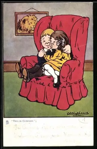 Künstler-AK George Edward Shepheard: Pärchen kuschelt auf einem Sessel, Im Hintergrund Löwenbild