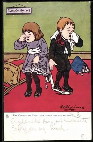 Künstler-AK George Edward Shepheard: Mädchen und Junge weinen nach einem Streit