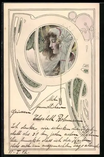 Künstler-AK Portrait einer hübschen Frau und Jugendstil-Ornamentik