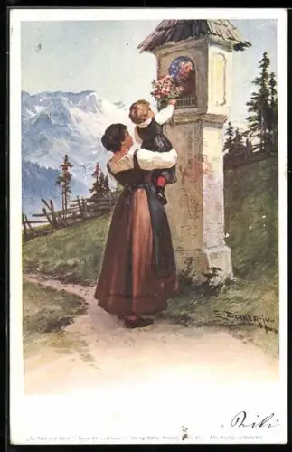 Künstler-AK E. Döcker: Mutter mit Tochter legen Blumen am Gedenkstein ab