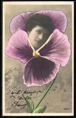 AK Junge Frau blickt aus einer Blüte heraus, Fotomontage