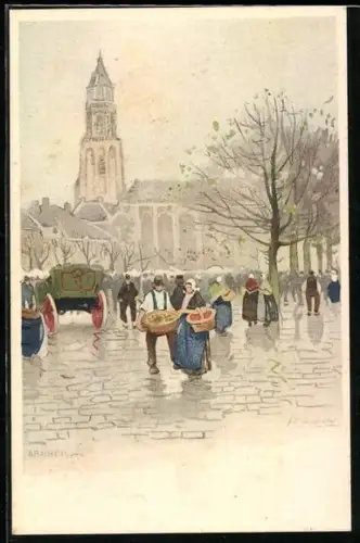 Künstler-Lithographie Henri Cassiers: Arnhem / Arnheim, Ortspartie mit Kirchturm